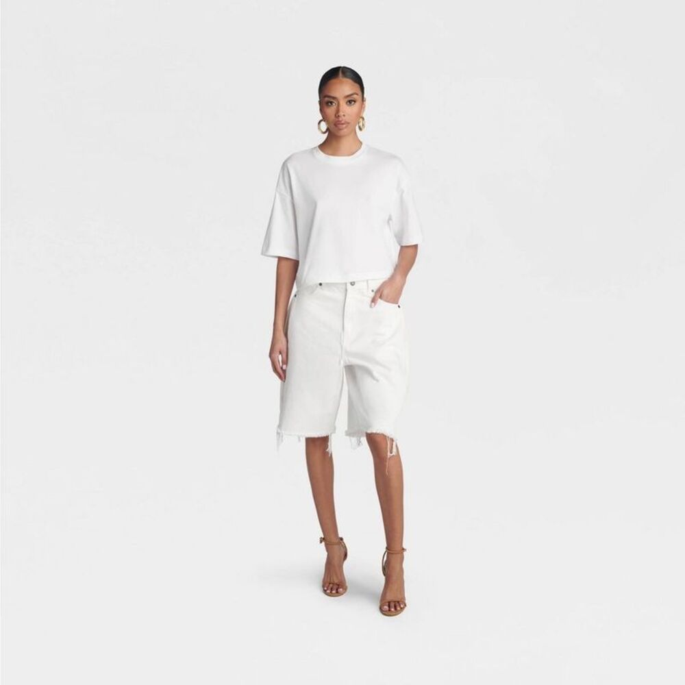 White Denim Jean Shorts - High-Rise Frayed Hem - Picture 3 of 3